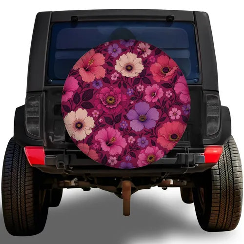 Berry Pink Wildflower Garden Blooms for Boho Road Trips, RV and Camper Adventures Spare Tire Cover