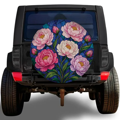 Stained Glass Peony Bouquet Blue Mosaic Floral Decor for RV Campers and Garden Lovers Spare Tire Cover