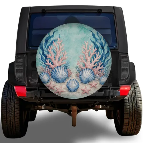 Watercolor Coral Shells And Starfish for Coastal RV Travel And Beach Camping Lovers Spare Tire Cover