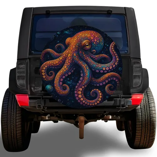 Vibrant Cosmic Octopus Underwater Scene for Jeep RV Trailer Ocean Adventure Lovers Spare Tire Cover