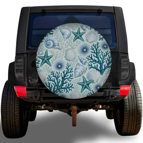 Teal Coral Seashell Sea Star Ocean Theme For Coastal Camping RV Trailer Travel Adventures Spare Tire Cover
