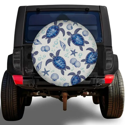 Blue Sea Turtle Shell Starfish Nautical Coastal Camping Style For RV Trailer SUV Spare Tire Cover