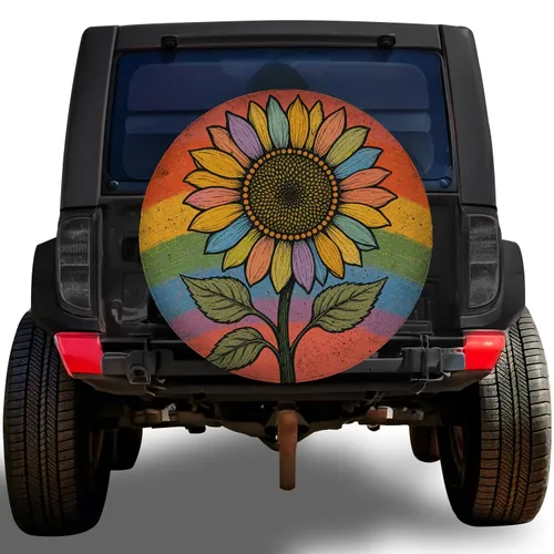 Vintage Colorful Sunflower Rainbow Boho Garden Road Trip Gift For Women Nature Lovers Spare Tire Cover