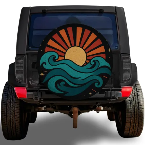 Retro Ocean Sunrise Sunburst For Road Trips Campers Jeep Travel Adventure Lovers Spare Tire Cover