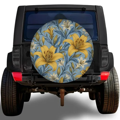 Vintage Botanical Yellow Lily Floral for RV Camping, Trailer Travel and Road Trip Lovers Spare Tire Cover