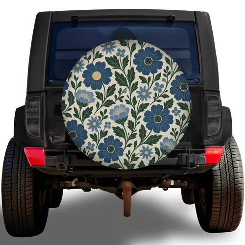 Slate Blue Folk Floral Meadow For Vintage Garden Road Trips And Camper Adventures Spare Tire Cover