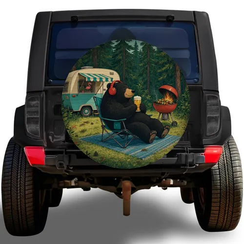Vintage Camping Bear With Headphones For RV Campers And Outdoor Adventure Lovers Spare Tire Cover
