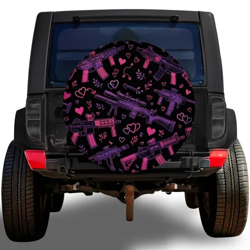 Pink Rifle And Heart Tactical Streetwear For Jeep SUV Truck Outdoor Adventure Lovers Spare Tire Cover