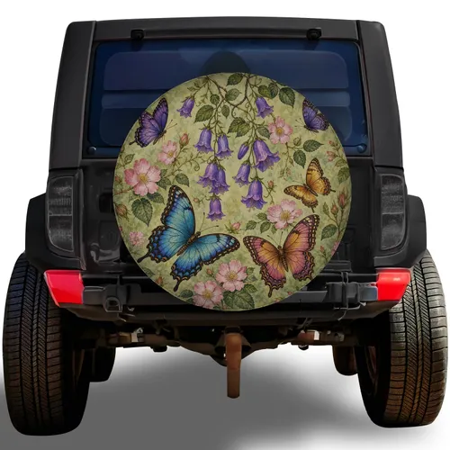 Vintage Butterfly Floral Garden For RV Camping And Outdoor Road Travel Enthusiasts Spare Tire Cover