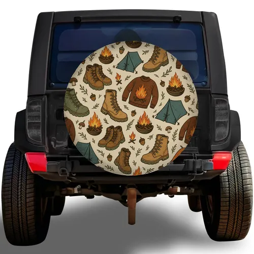 Vintage Camping Boots Tents And Campfires For Cozy Autumn RV Road Trip Adventures Spare Tire Cover