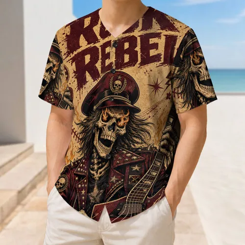 Grinning Skeleton Guitarist Rock Rebel Poster For Concert Nights And Music Lovers Baseball Jersey