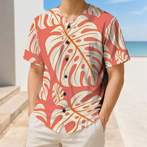 Coral Monstera Leaf Tropical Style For Beach Vacations And Resort Travel For Men Baseball Jersey