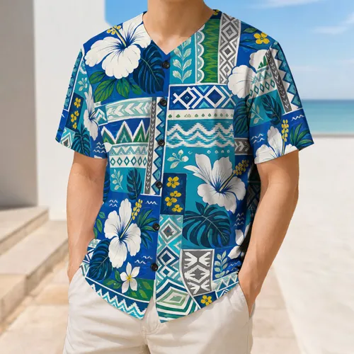 Tropical Hibiscus And Pacific Geometric Mosaic For Beach Travel And Resort Style Baseball Jersey