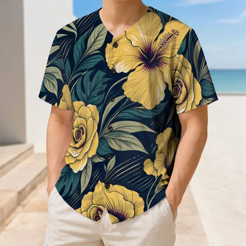 Midnight Navy Yellow Tropical Hibiscus Floral Botanical Resort Vacation Wear For Men Baseball Jersey