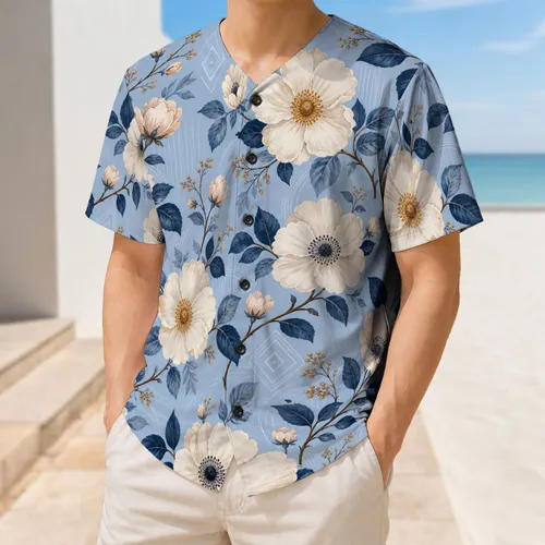 Powder Blue Vintage Floral Botanical For Spring Sports, Picnics And Casual Streetwear Baseball Jersey