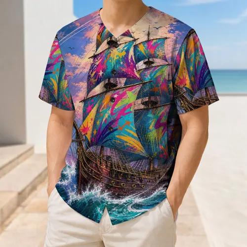 Colorful Graffiti Sailing Ship On Teal Ocean Waves For Beach Games And Streetwear Fans Baseball Jersey