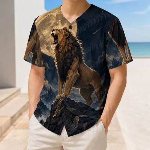 Roaring Lion Under Full Moon Night Sky for Baseball Game Days and Outdoor Adventure Baseball Jersey