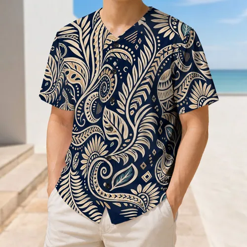 Navy Cream Botanical Ornamental Motif For Summer Casual Outings And Vacation Wear Baseball Jersey