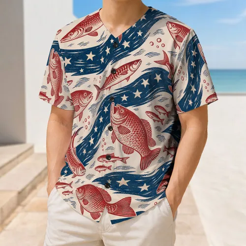 Red Fish And Indigo Star Waves Nautical Patriotic Style For Summer Sports And Casual Wear Baseball Jersey