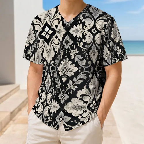 Black Ivory Botanical Damask Ornate Floral Motif For Vintage Athletic Streetwear Style Baseball Jersey