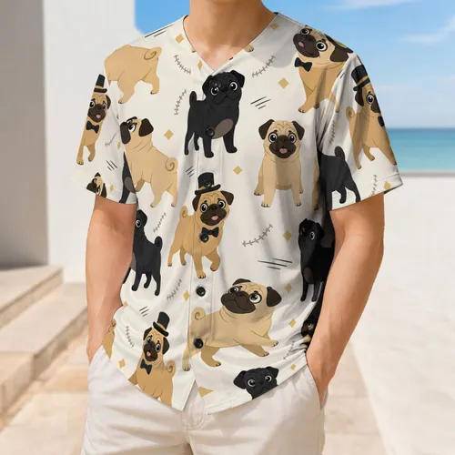 Cartoon Pug Top Hat Bow Tie Sports Style For Dog Lovers Baseball Jersey
