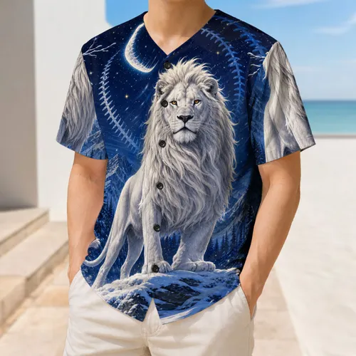 White Lion Moonlit Winter Forest Sports Style for Game Day Fans and Outdoor Teams Baseball Jersey