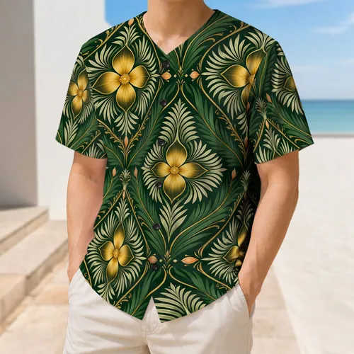 Golden Floral Kaleidoscope Green Ornamental Motif For Game Day And Everyday Wear Baseball Jersey