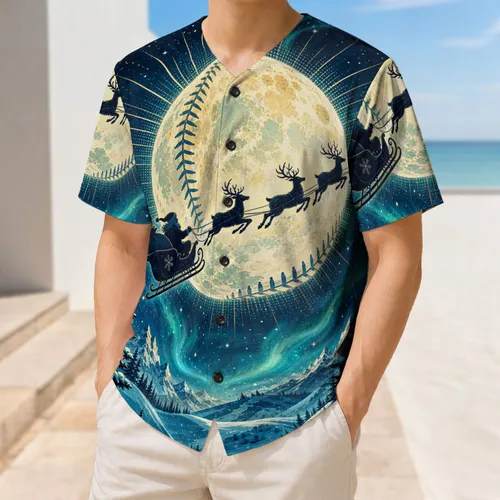 Santa Sleigh Reindeer Moon Winter Night Christmas Gift For Holiday Sportswear Fans Baseball Jersey