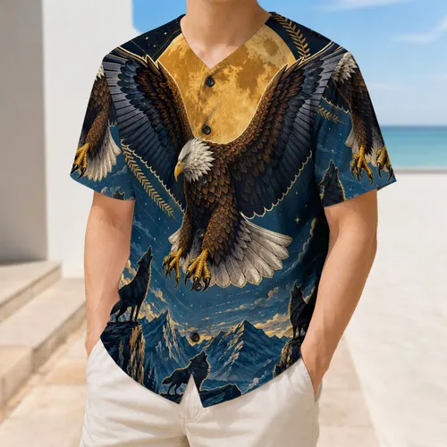 Bald Eagle And Wolves Moon Mountain Athletic Outdoor Weekend Game Day Fan Wear For Men Baseball Jersey