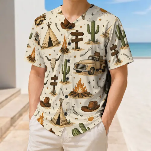 Retro Wild West Cowboys Cacti And Trucks For Casual Sportswear And Outdoor Adventures Baseball Jersey