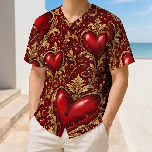 Ruby Red Hearts And Antique Gold Baroque Vines For Valentine's Day Sportswear Style Baseball Jersey