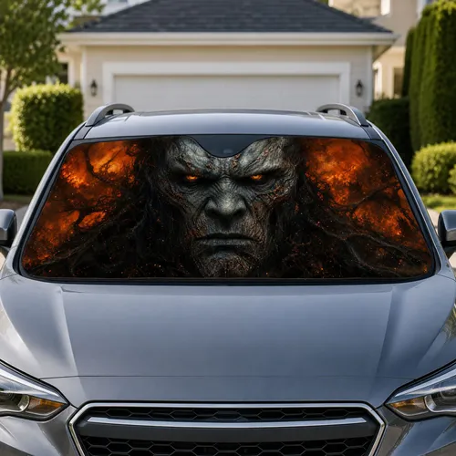 Molten-Eyed Skull Monster Fire Scene For Gothic Night Road Trips And Fantasy Fans Car Sunshade