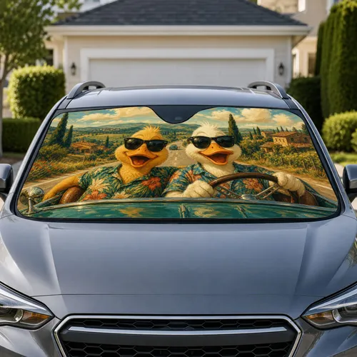 Retro Sunglasses Ducks In Vintage Convertible For Cheerful Country Road Trips Car Sunshade