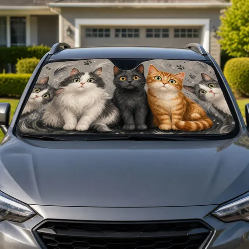 Whimsical Five Cat Row With Gray Fur Texture For Cat Lovers Everyday Commuting Use Car Sunshade