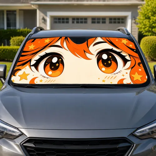 Big Eyed Orange Anime Star Face For Playful Daily Driving And Cute Car Lover Gifts Car Sunshade