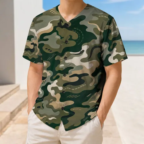 Woodland Camouflage Green White Athletic Style For Training Outdoor Sports Active Men Baseball Jersey