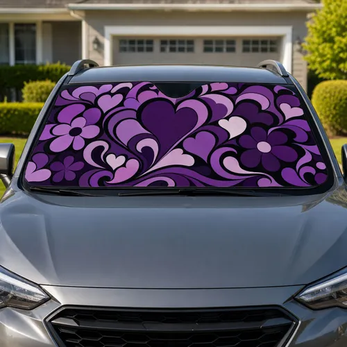 Purple Retro Hearts and Groovy Florals for Romantic Commuters and Everyday Drives Car Sunshade