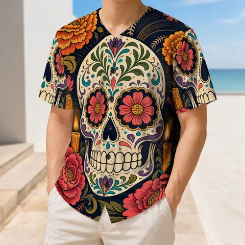 Day Of The Dead Sugar Skull With Flowers And Candles For Festive Game Day Wear Fans Baseball Jersey