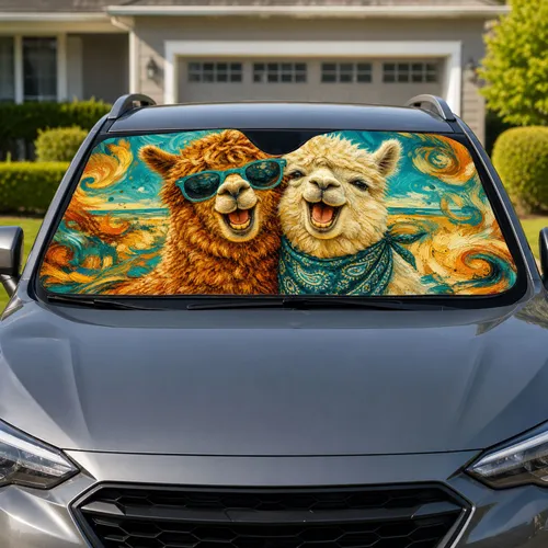 Laughing Alpacas In Teal Sunglasses For Fun Road Trip Smiles And Boho Animal Lovers Car Sunshade