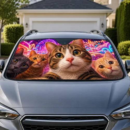 Neon Carnival Cat Portrait For Night Driving Cat Lovers And Colorful Vehicle Style Car Sunshade