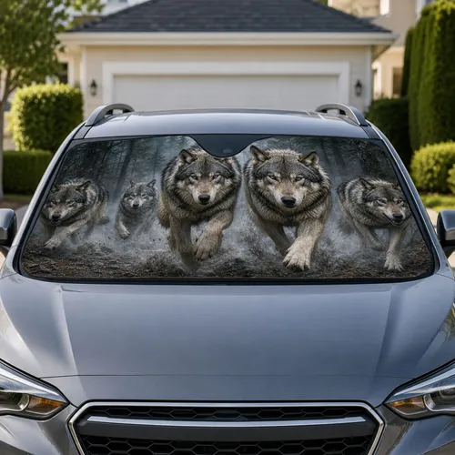 Realistic Running Wolf Pack Forest Scene for Outdoor Adventure Drivers and Wildlife Fans Car Sunshade