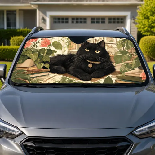 Black Cat And Houseplants Cozy Commuter Gift For Feline Lovers And Plant Parents Car Sunshade