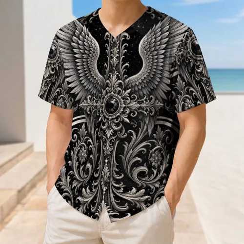 Silver Cross Angel Wings Gothic Crest For Game Day And Everyday Streetwear Style Baseball Jersey
