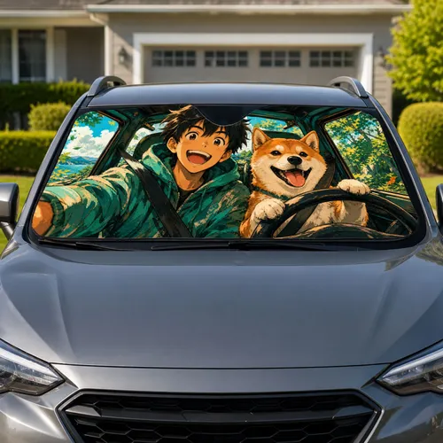 Happy Laughing Teen Boy And Shiba Inu Road Trip Travel Gift For Adventure Dog Lovers Car Sunshade
