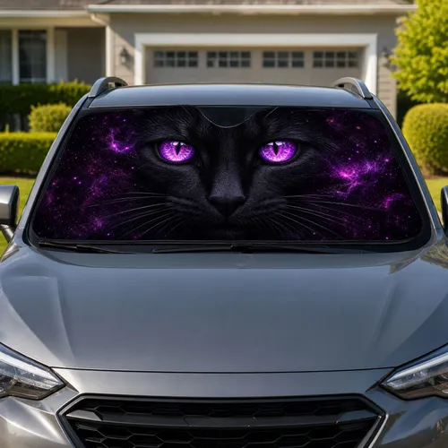 Mystical Black Cat With Glowing Purple Eyes For Gothic Night Drive Interior Decor Car Sunshade