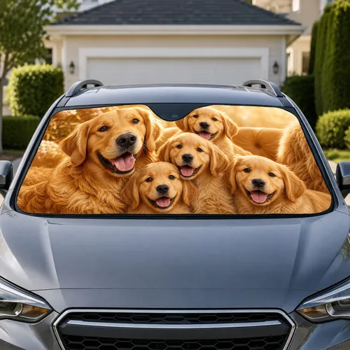 Golden Retriever Family Portrait for Dog Lovers Cozy Road Trip Travel Companion Car Sunshade
