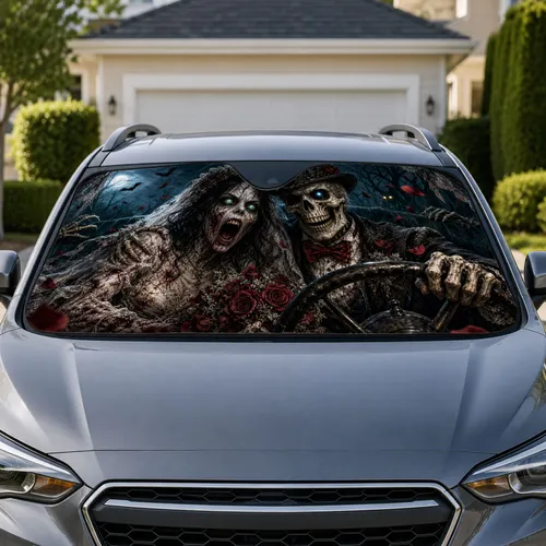 Zombie Bride And Skeleton Groom Gothic Horror Wedding Road Trip Decor For Halloween Fans Car Sunshade