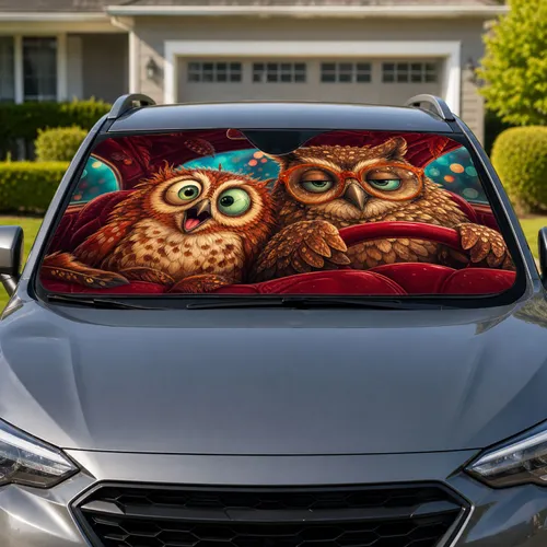 Cute Owls With Glasses for Daily Driving and Road Trip Gifts for Owl Enthusiasts Car Sunshade
