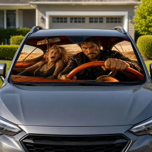Cinematic Desert Chase Couple Scene For Road Trip Drivers And Action Movie Lovers Car Sunshade