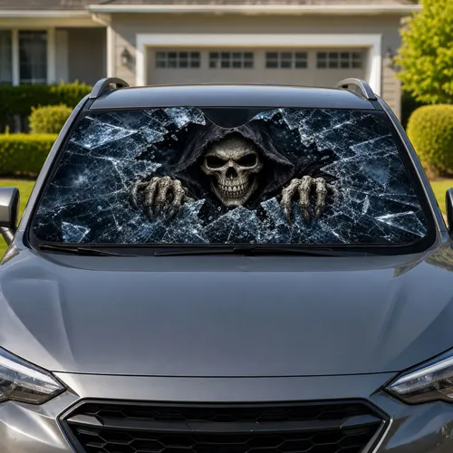 Hooded Grim Reaper Shattered Glass Horror Gothic Style For Dark Fantasy Car Lovers Car Sunshade